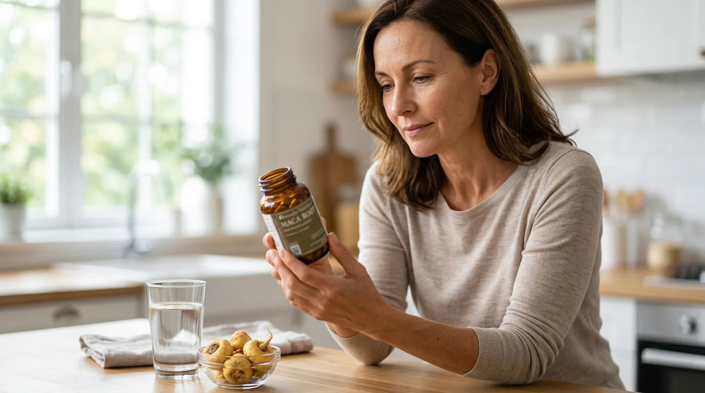Woman reading a maca supplement label for safety