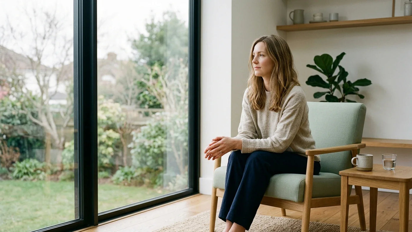 Une femme assise près d'une fenêtre, le visage serein, les mains posées sur les genoux – un apaisement face à l'anxiété