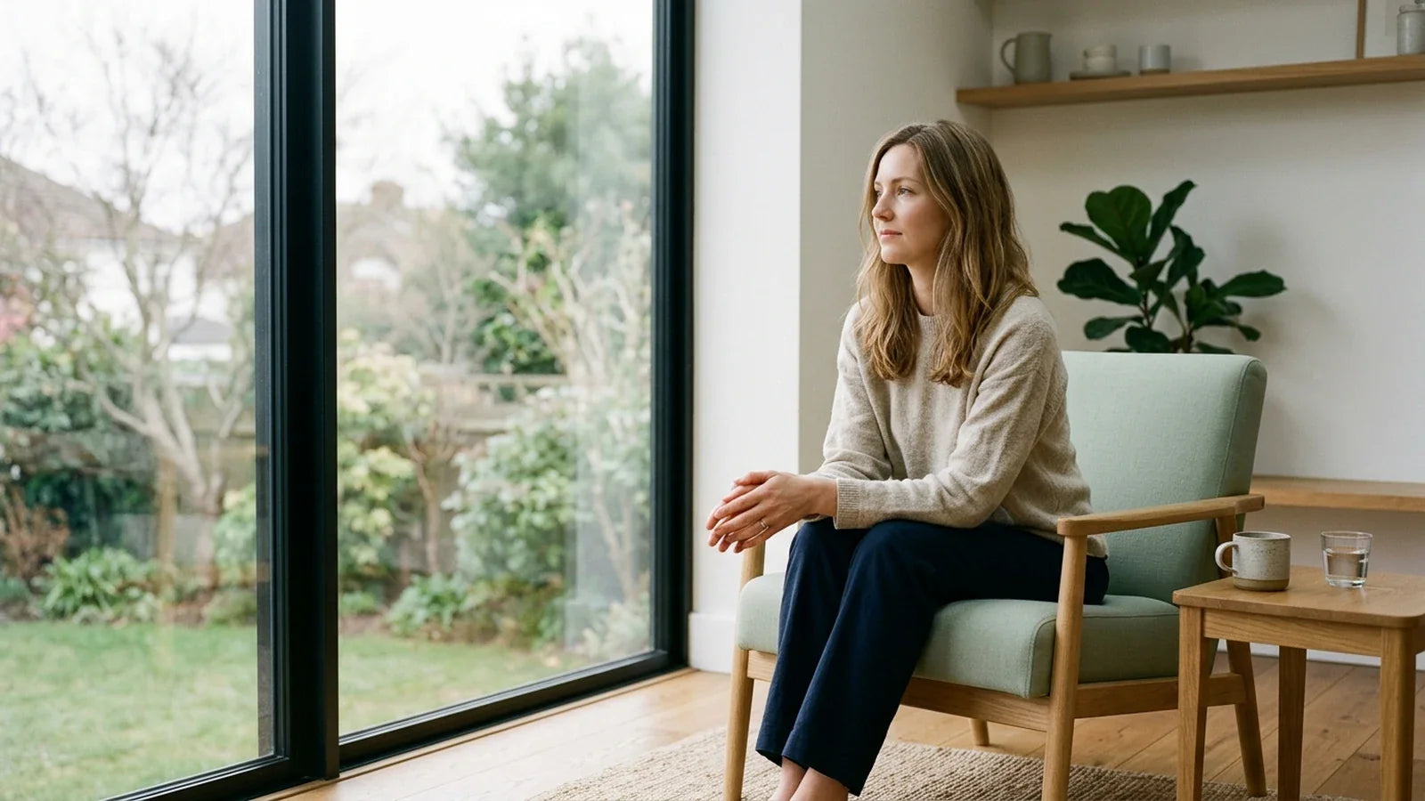 Woman sitting by a window with a calm expression, hands resting in her lap — anxiety relief