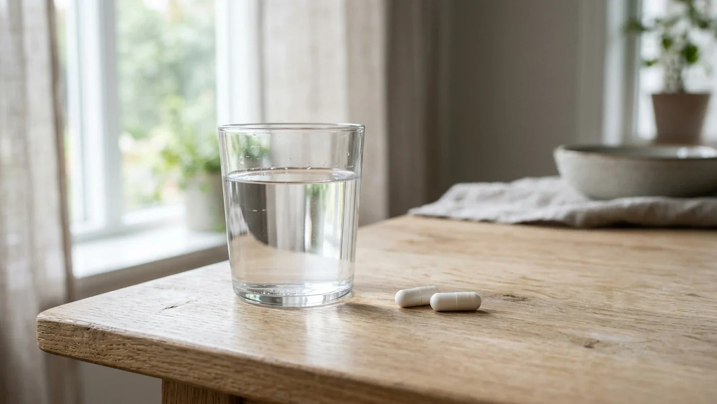 Deux capsules blanches à côté d'un verre d'eau sur une table en bois — dosage du glycinate de magnésium