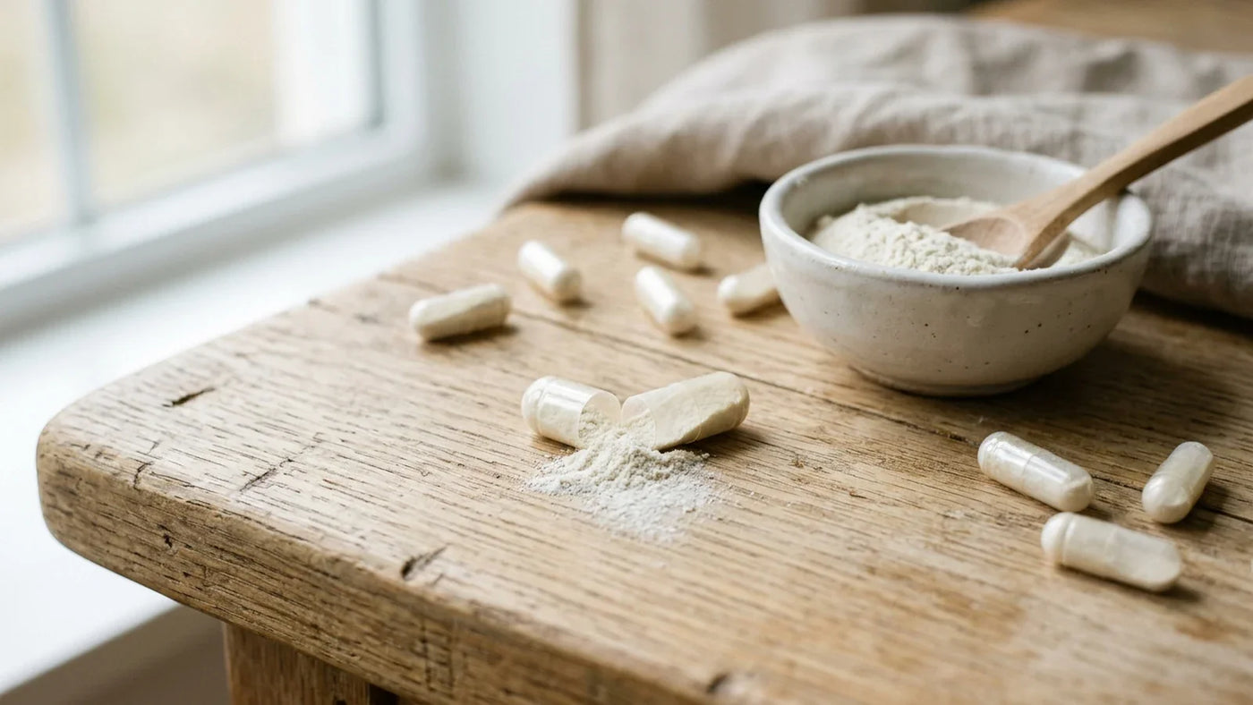 Ouverture d'une capsule&nbsp;: déversement de poudre blanche de glycinate de magnésium sur une surface en bois — guide complet