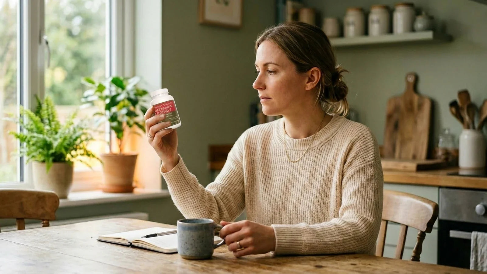 Une femme assise pensivement, un flacon de complément alimentaire posé sur la table, examine les informations de sécurité.