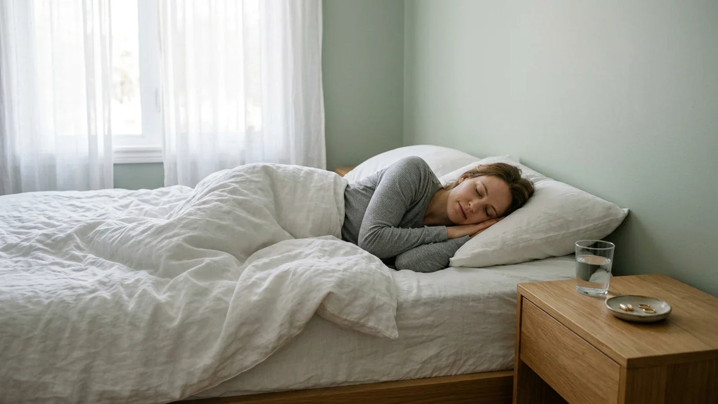 Personne dormant paisiblement dans la douce lumière du matin — glycinate de magnésium pour le sommeil