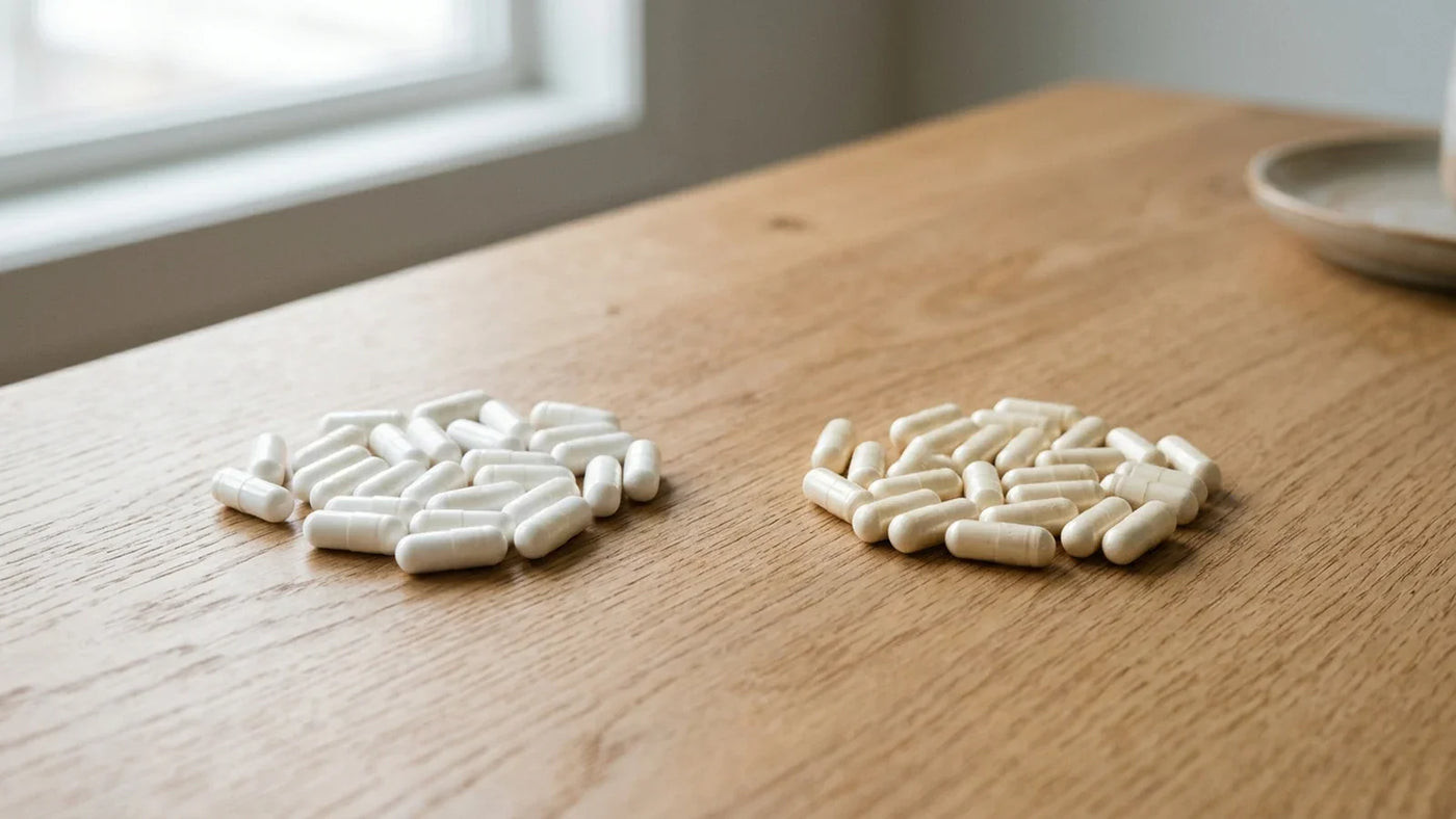 Deux groupes de capsules sur une surface en bois fendue — comparaison entre le glycinate et le citrate de magnésium