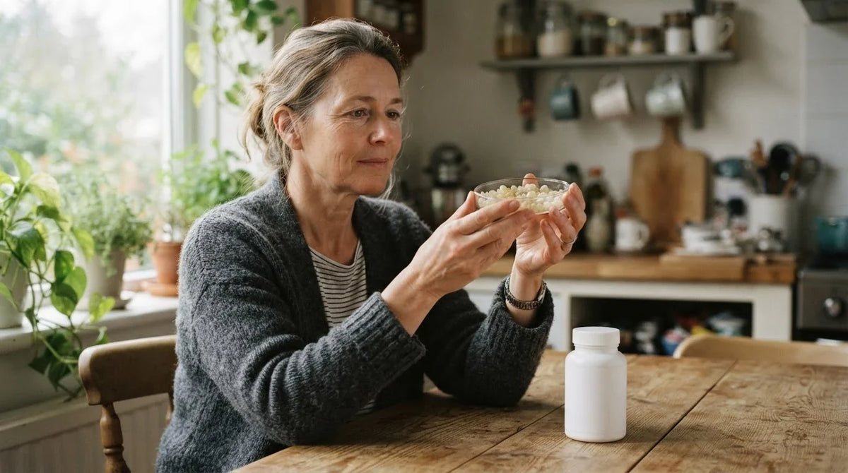 A woman holding a dish of pale mastic resin tears up to the window light