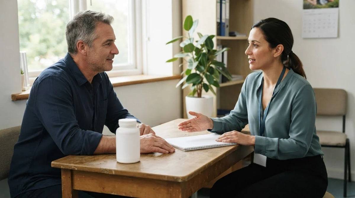 A man talking with a clinician across a desk, a plain supplement bottle beside him