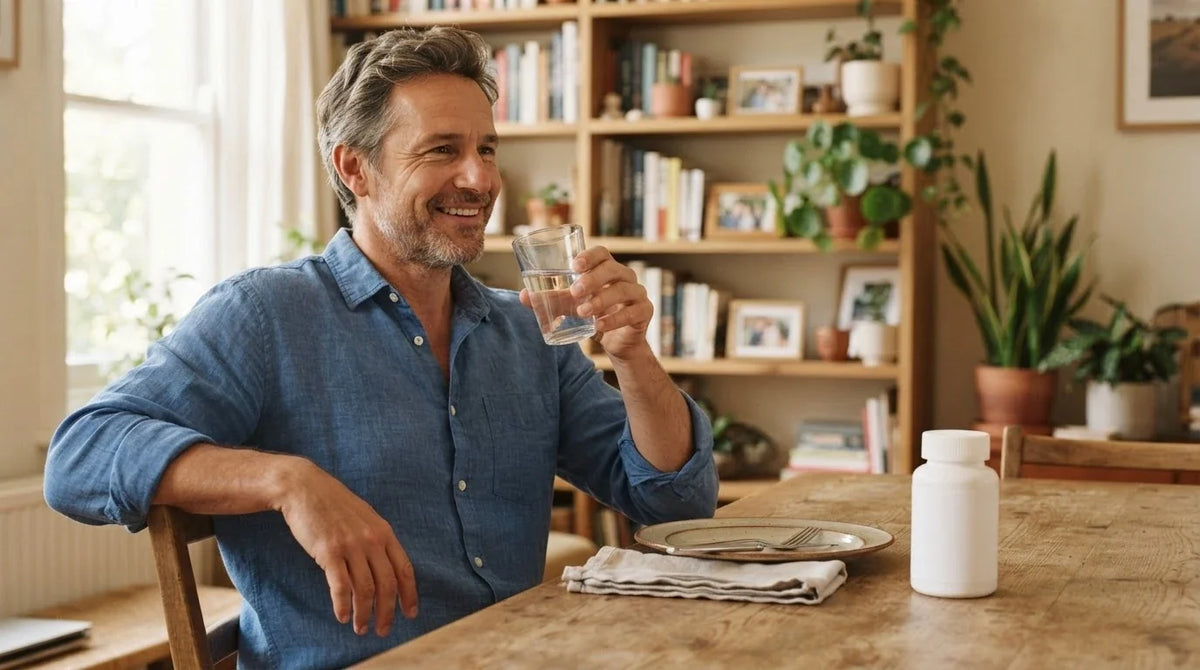 A relaxed man at a dining table after lunch with a glass of water and a plain supplement bottle