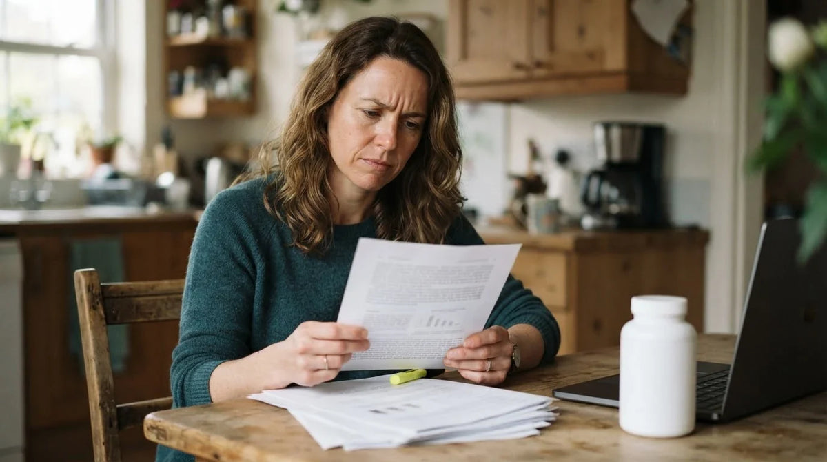 A woman reading printed research papers with a highlighter at her kitchen table