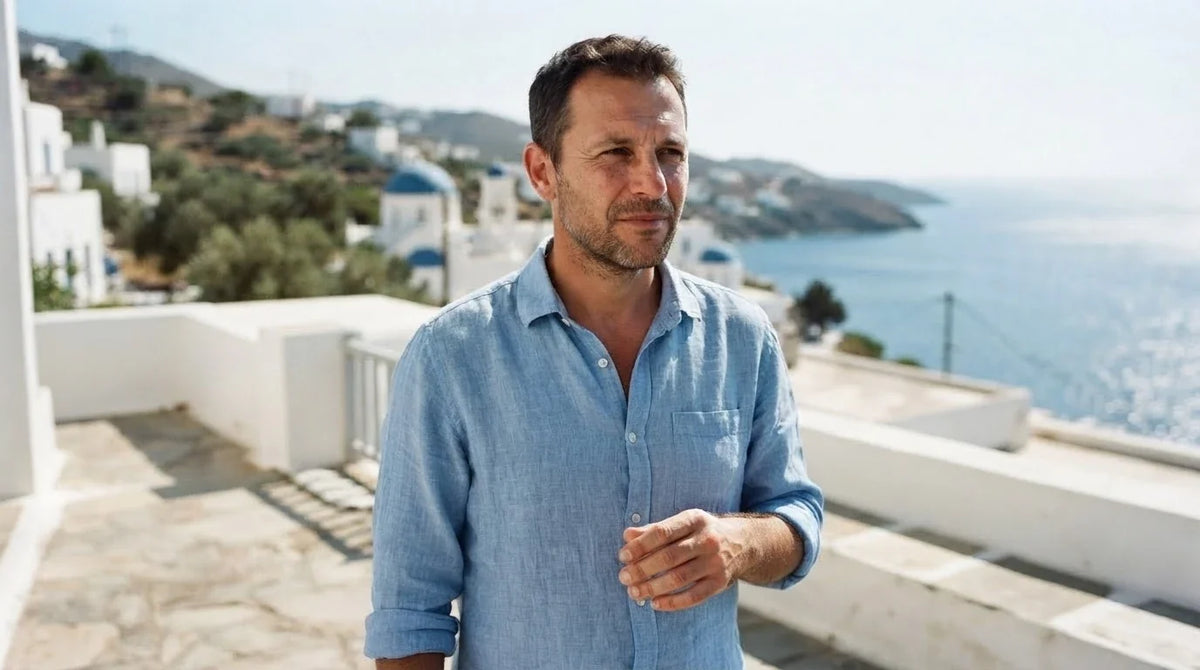A man on a sunlit terrace chewing mastic, holding a small paper twist of resin tears
