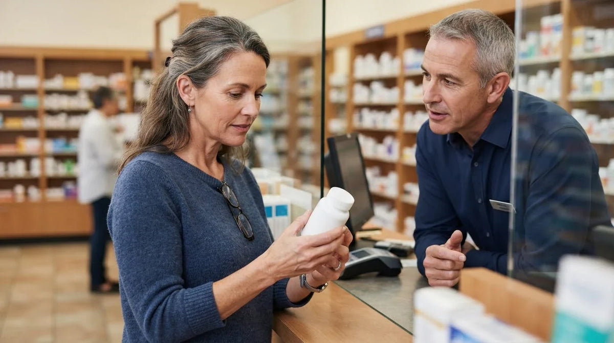 A woman reading a plain supplement bottle as a pharmacist answers her question