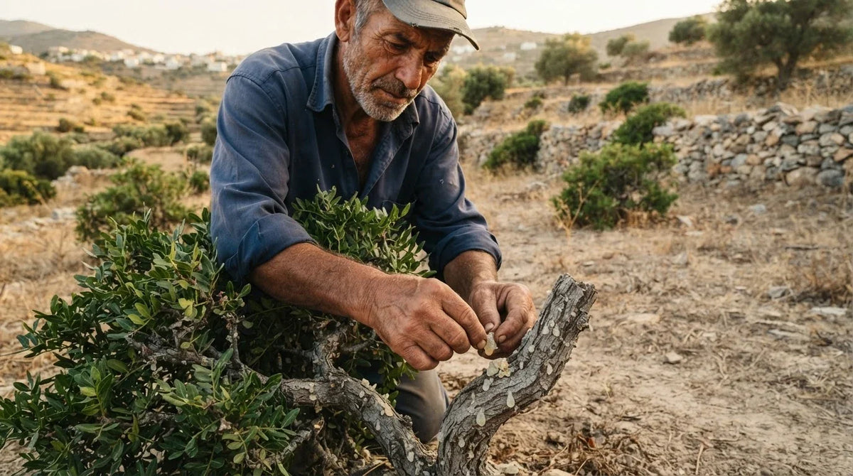 A grower collecting pale mastic resin tears from the trunk of a mastic shrub
