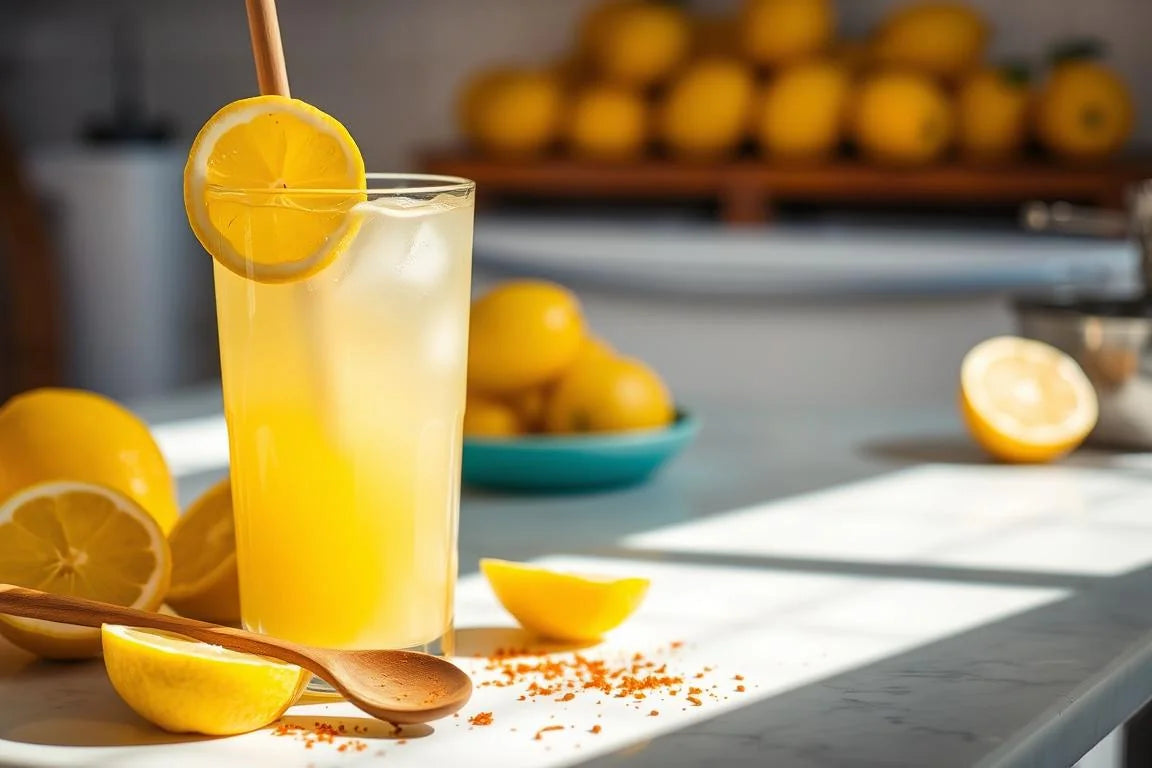 Fresh lemonade with lemon slices and cayenne pepper on a kitchen counter — master cleanse for parasites