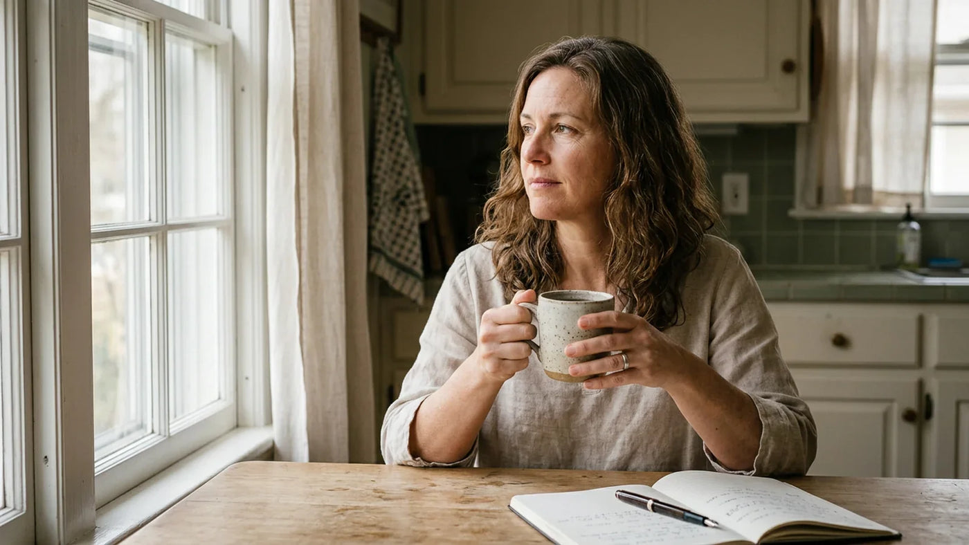 Woman in her late 40s with cream linen holding herbal tea by a sunlit window — modified citrus pectin breast cancer evidence and adjunct support
