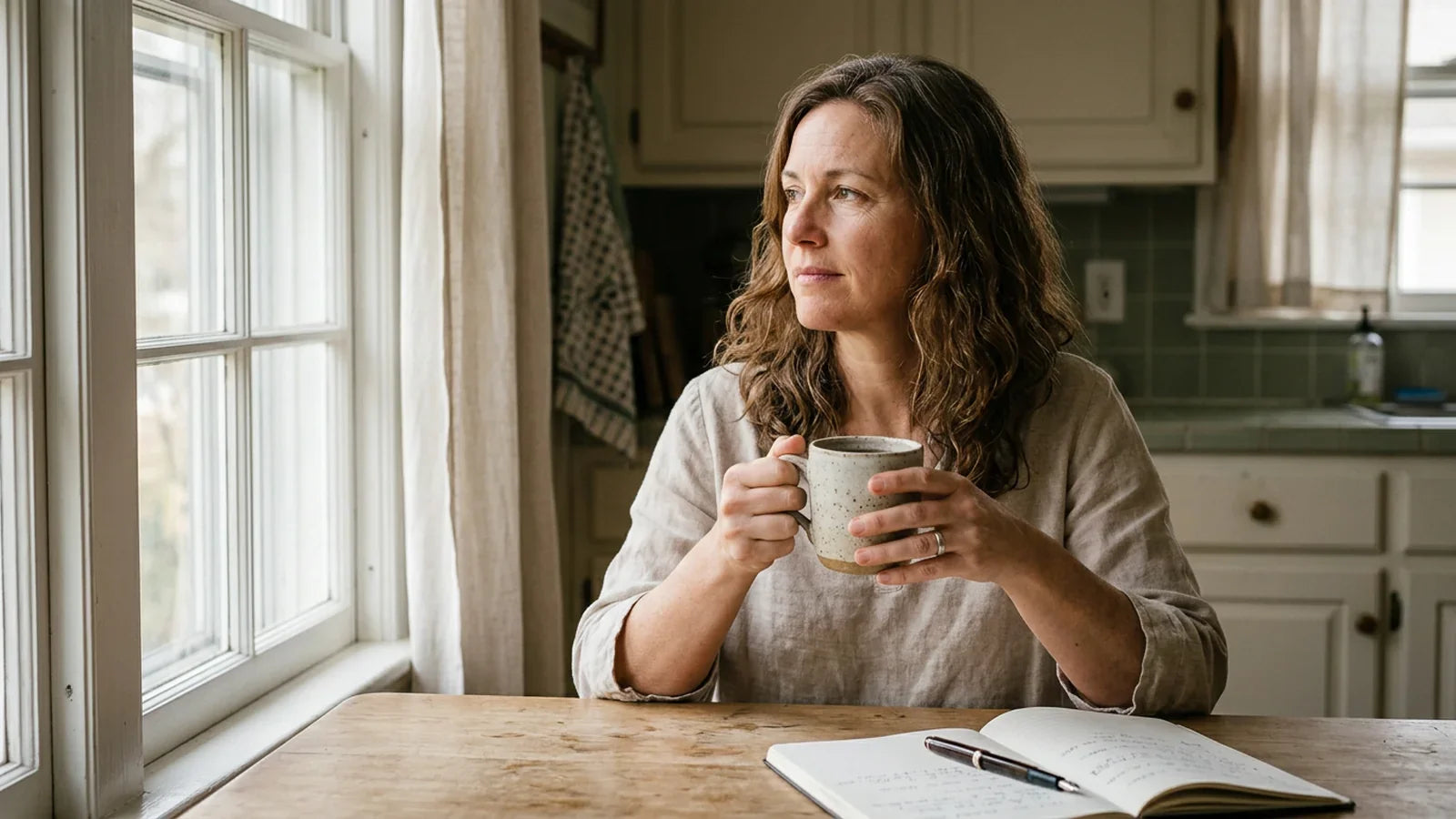 Woman in her late 40s with cream linen holding herbal tea by a sunlit window — modified citrus pectin breast cancer evidence and adjunct support