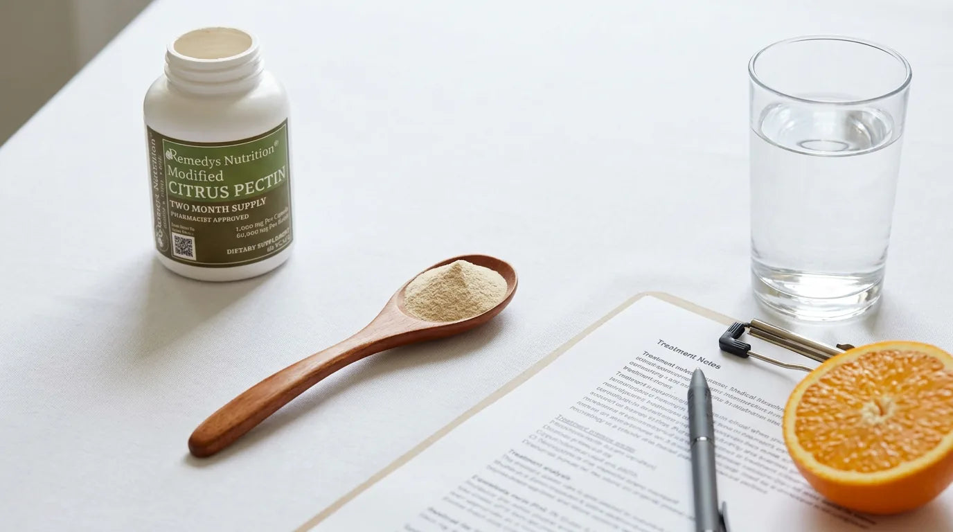 Modified citrus pectin supplement beside medical clipboard and a glass of water on a clinical surface