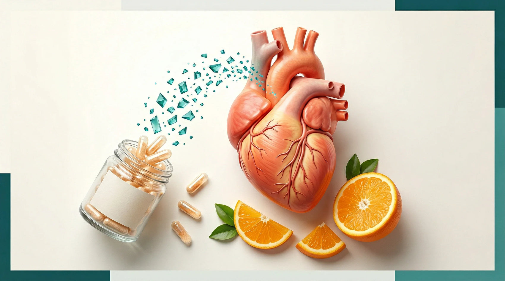 Gélules MCP avec des tranches d'agrumes et un cœur stylisé — pectine d'agrumes modifiée et santé cardiovasculaire