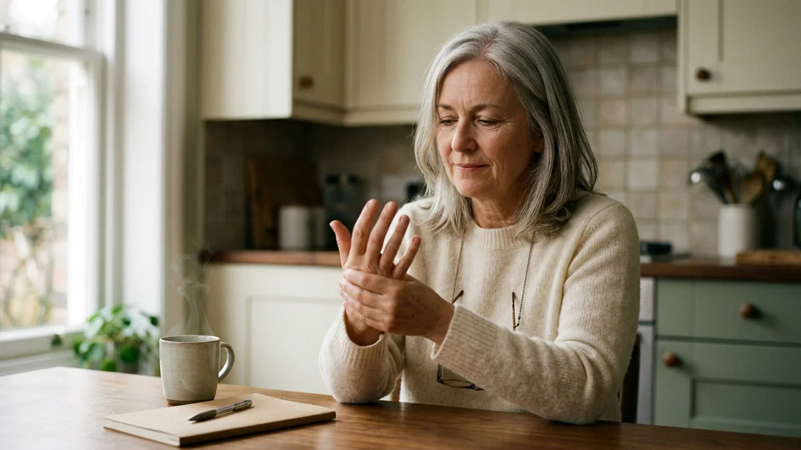 Modified citrus pectin for inflammation and autoimmune support — woman in early 50s gently massaging her hand at a sunlit kitchen table
