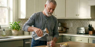 Mature man pouring water at a sunlit kitchen counter — modified citrus pectin for kidney disease and renal fibrosis support