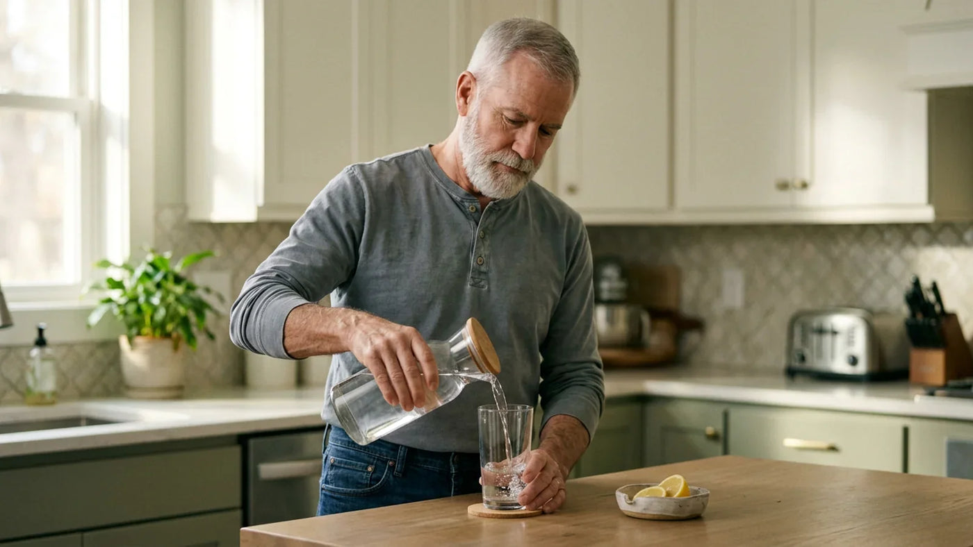 Mature man pouring water at a sunlit kitchen counter — modified citrus pectin for kidney disease and renal fibrosis support