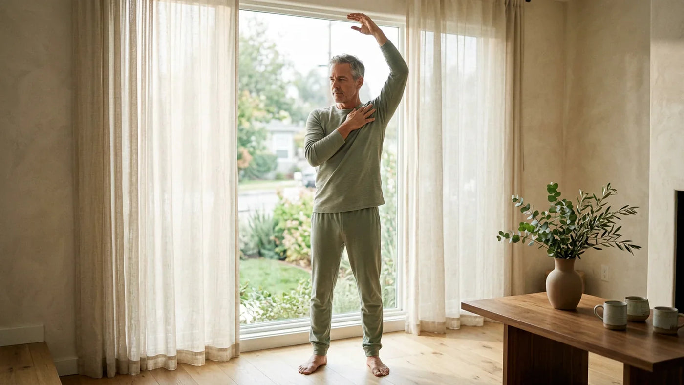 Modified citrus pectin for liver health and fatty liver — mid-50s active man stretching by a sunlit window