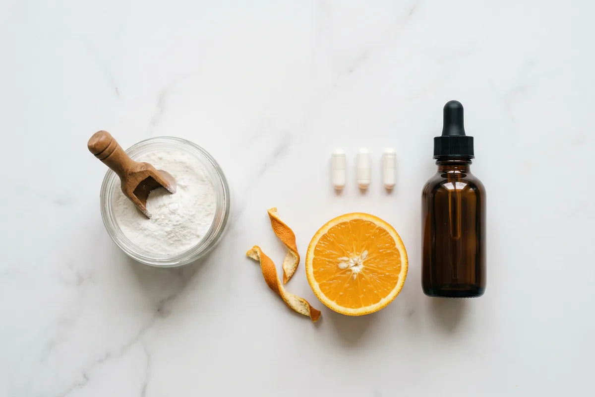 Glass jar with MCP powder and capsule bottle beside halved orange on marble — modified citrus pectin powder vs capsules