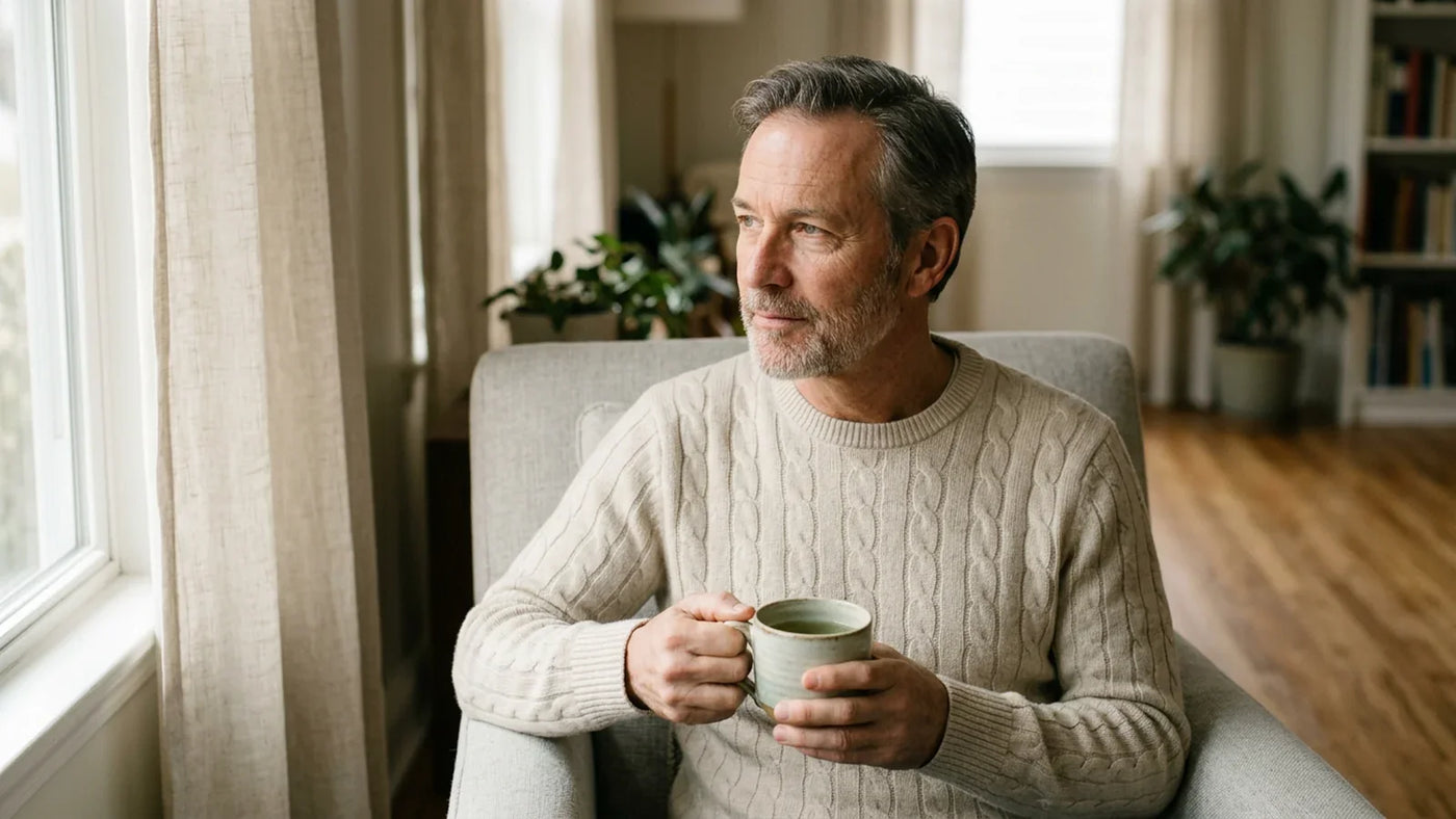 Mature man in his late 50s sitting by a sunlit window holding tea — modified citrus pectin for prostate cancer and PSA support