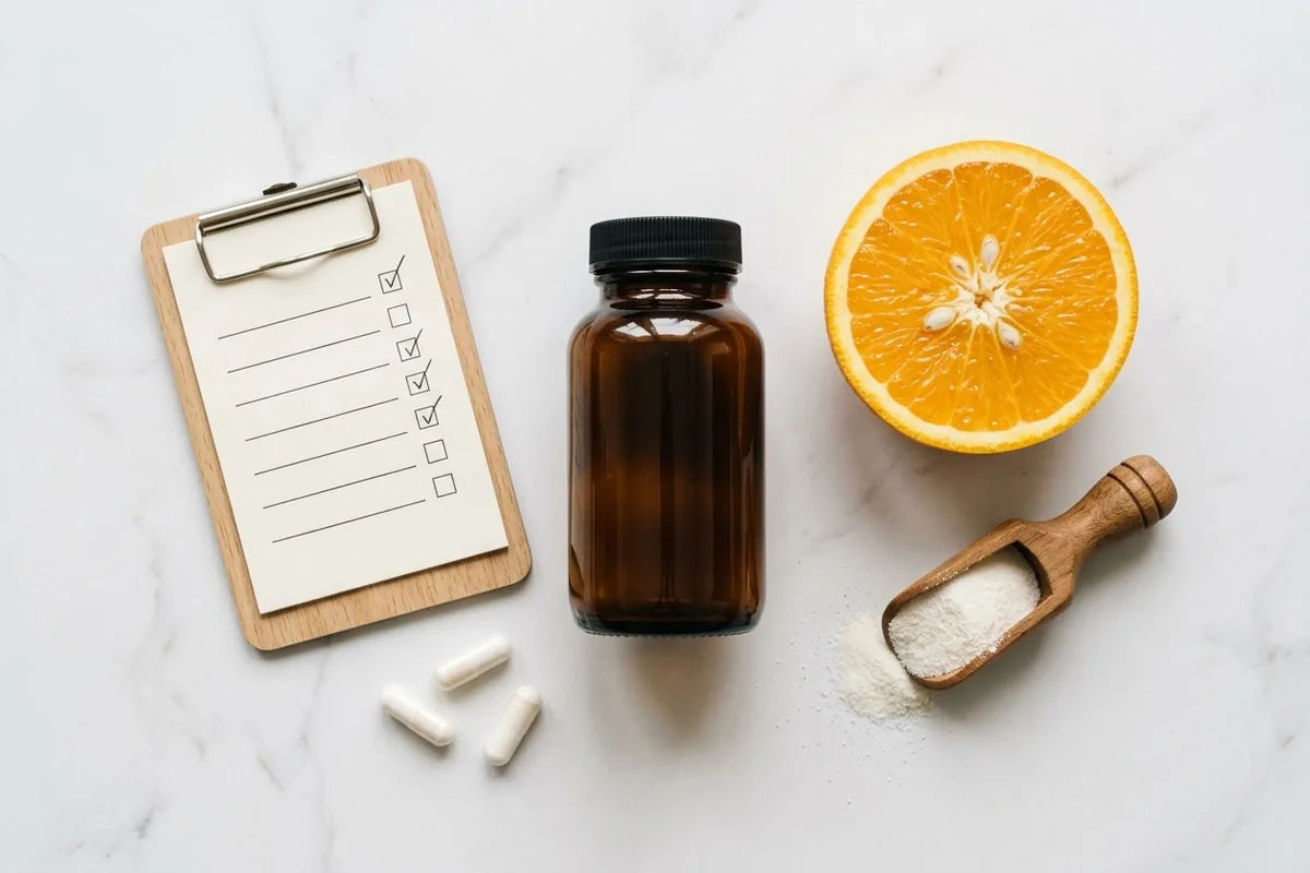Flacon de complément alimentaire avec bloc-notes et motif d'agrumes orange sur fond blanc — comment choisir un complément alimentaire de qualité