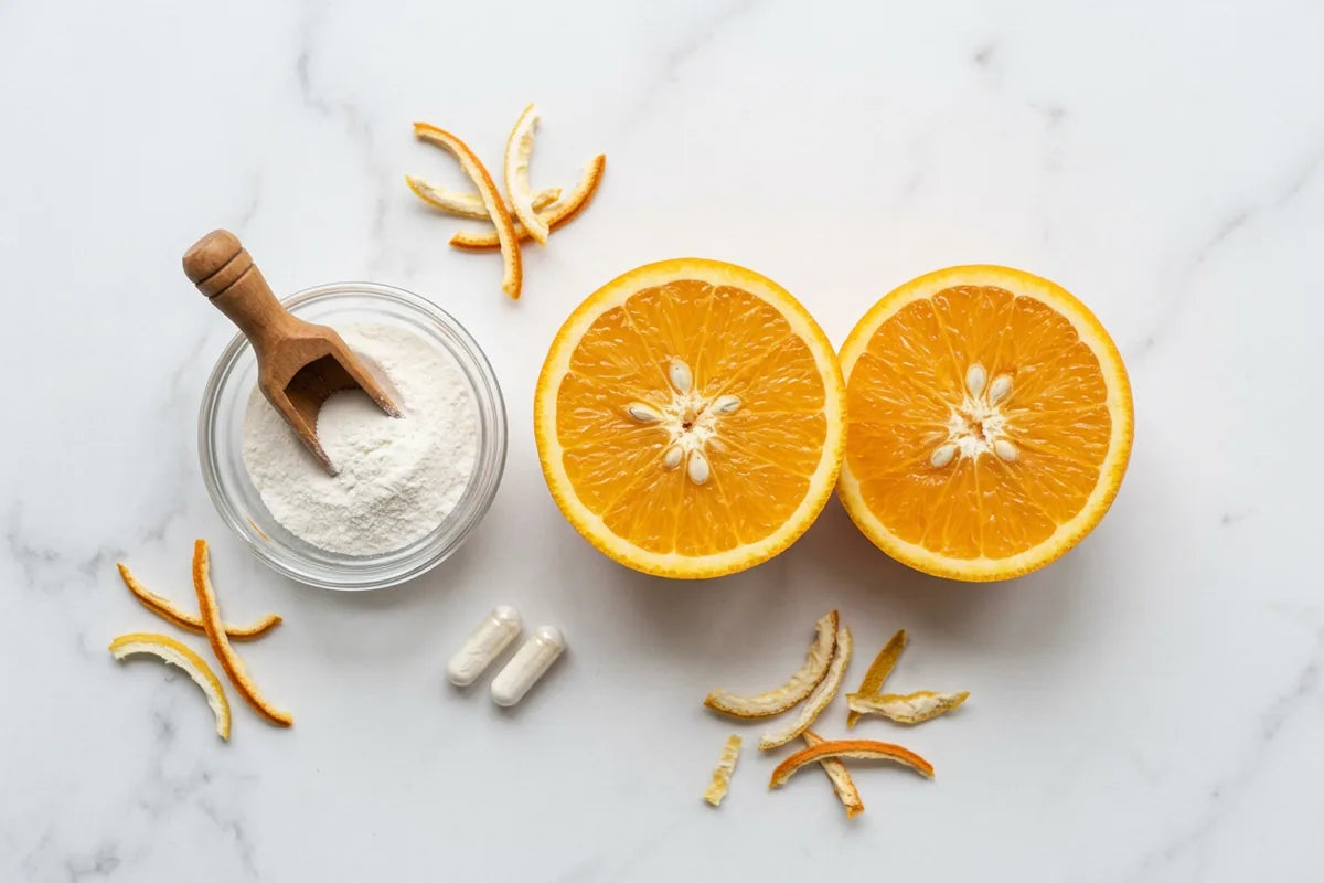 Halved orange with white MCP powder and supplement capsules on clean surface — modified citrus pectin safety