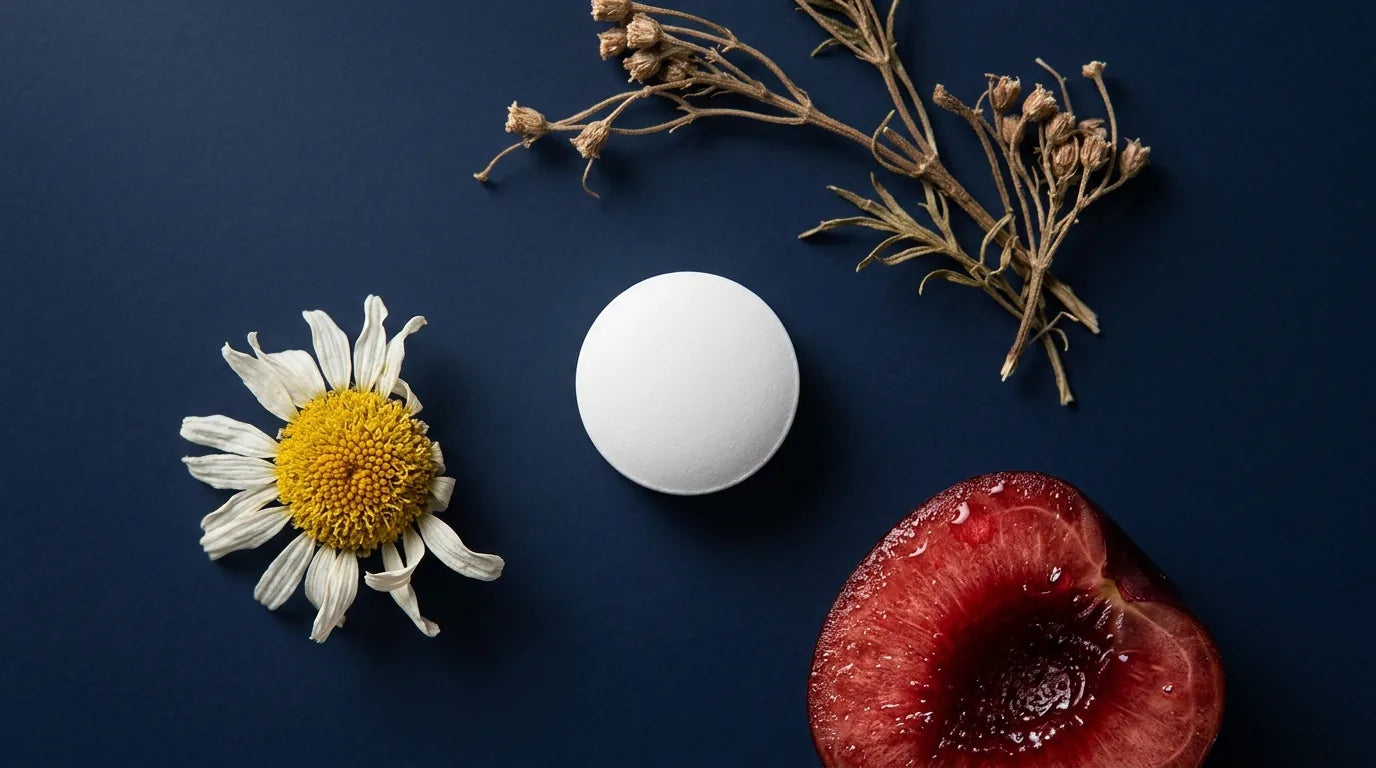 Melatonin tablet with natural sleep-supporting herbs on dark background