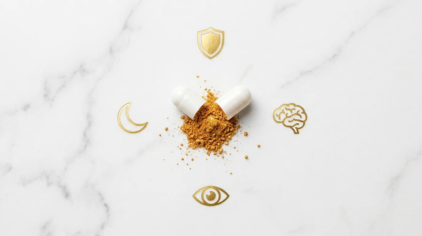 Melatonin supplement with symbols representing its multiple health benefits
