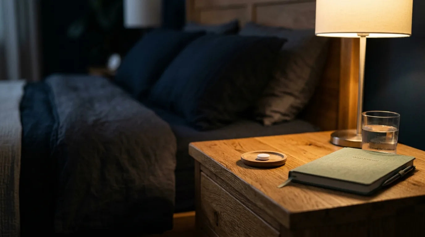 Melatonin supplement on bedside table in soft bedroom lighting