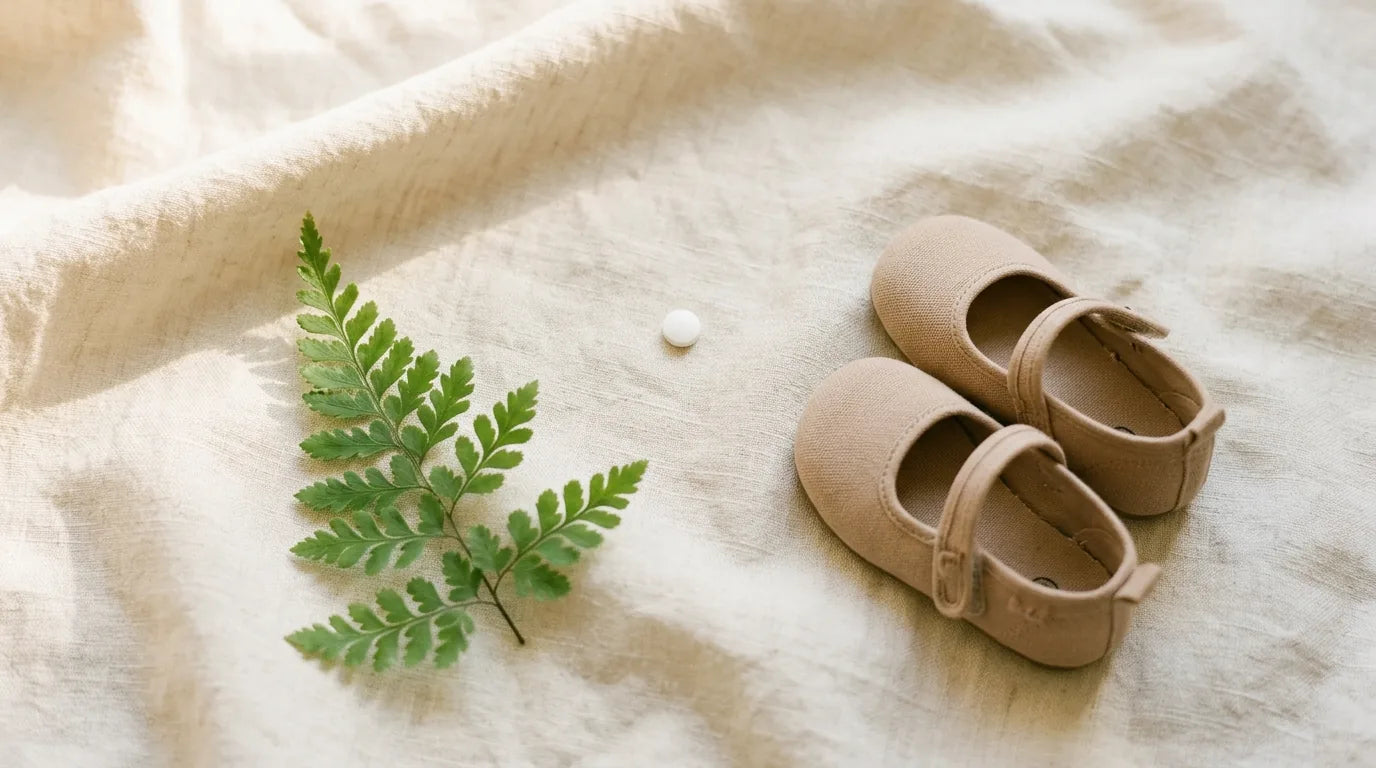 Small melatonin dose beside children's shoes symbolizing pediatric safety
