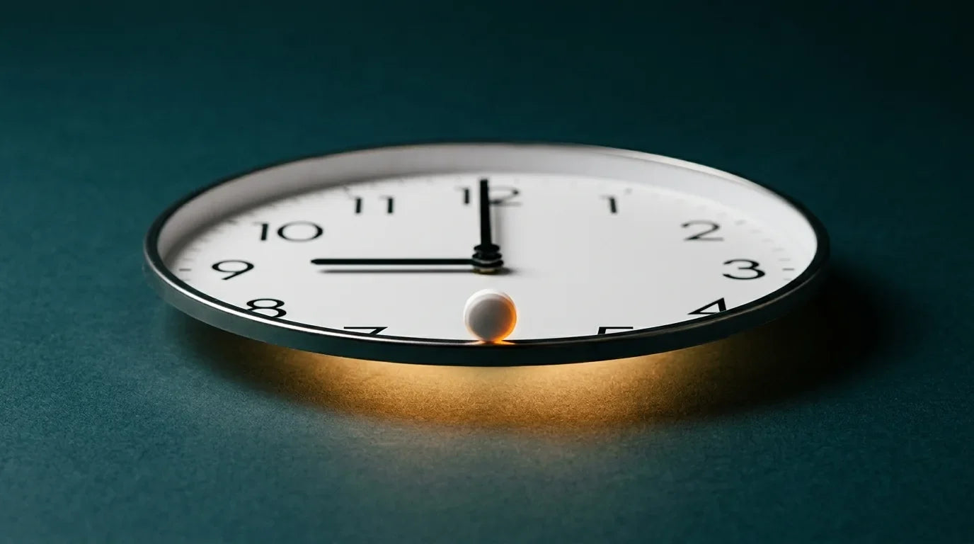 Melatonin tablet balanced on a clock at 9pm showing optimal timing