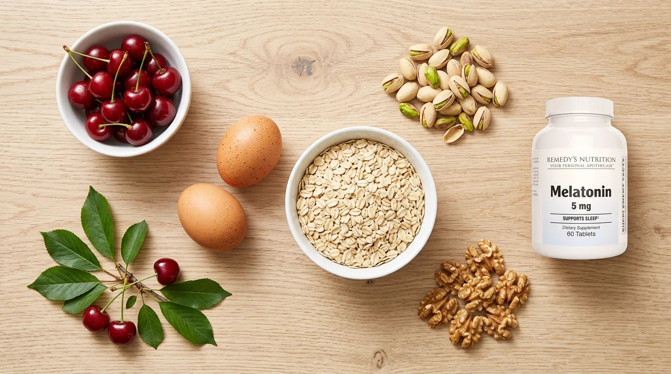Foods high in melatonin including tart cherries, walnuts, and pistachios