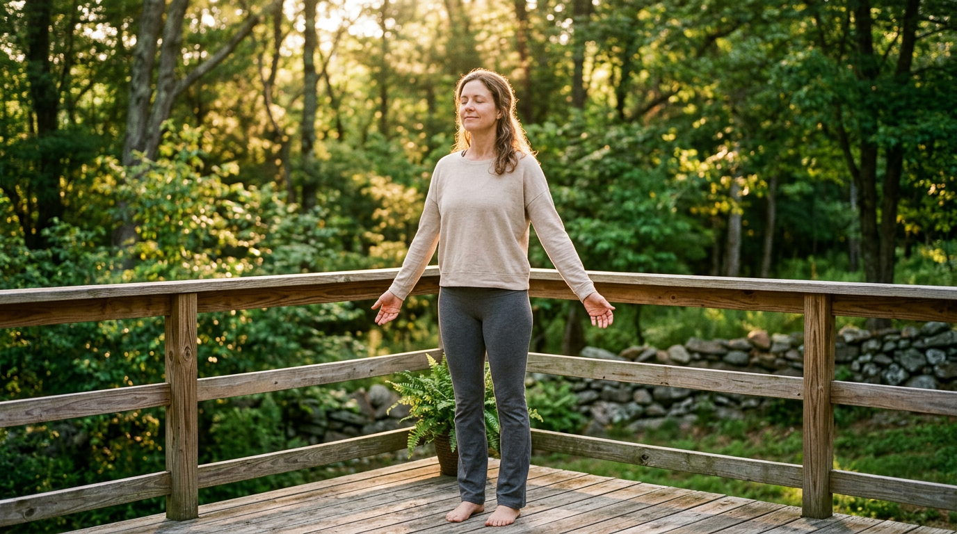 Une femme assise tranquillement à une fenêtre avec un thé — gérer naturellement l'anxiété liée à la ménopause