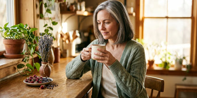 Woman in soft sage knit cardigan seated by sunlit window holding matte ceramic mug with dried red clover and chasteberry bowl