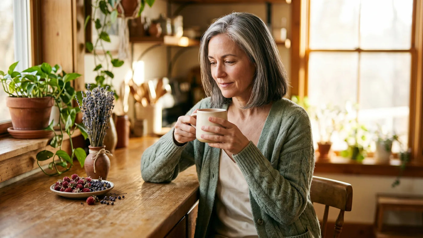 Woman in soft sage knit cardigan seated by sunlit window holding matte ceramic mug with dried red clover and chasteberry bowl