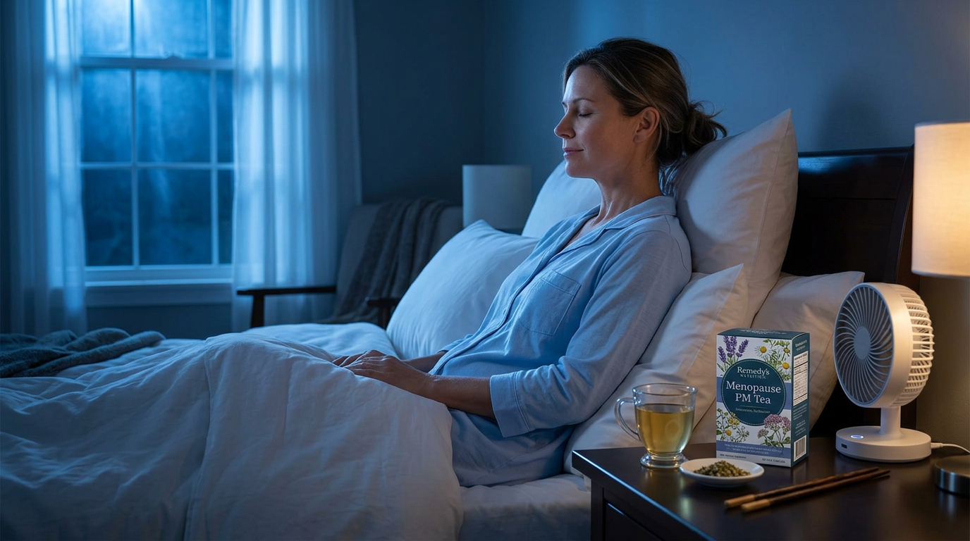 Une femme se réveille la nuit avec un linge rafraîchissant — gestion des sueurs nocturnes liées à la ménopause