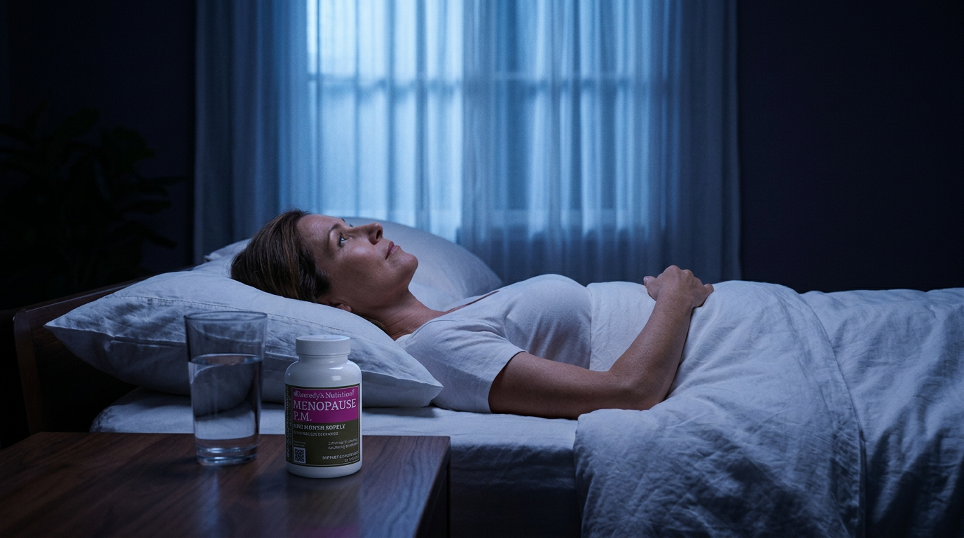 Femme allongée éveillée dans une chambre sombre — troubles du sommeil liés à la ménopause