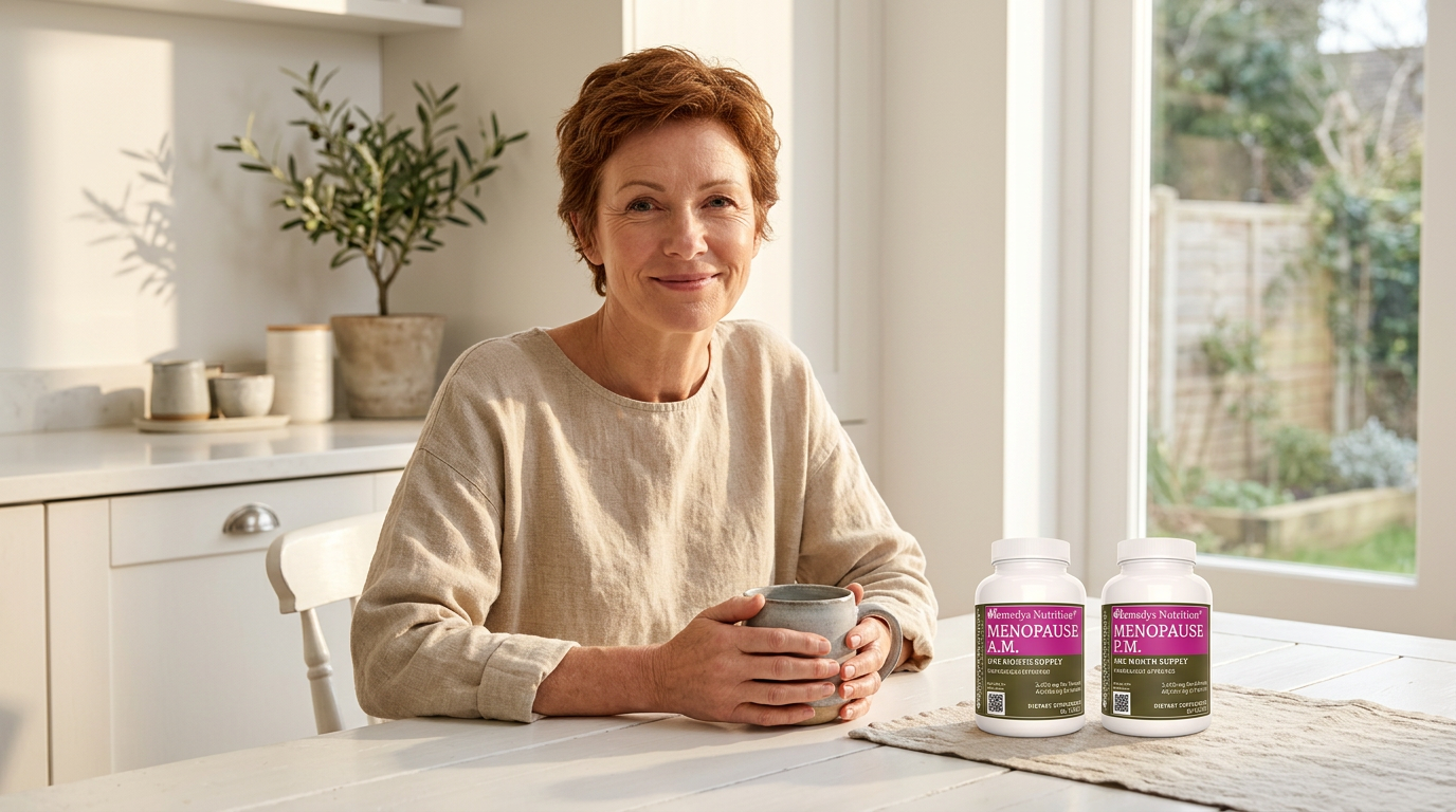 Femme confiante d'une quarantaine d'années assise à une table de cuisine lumineuse avec des flacons de compléments alimentaires à base de plantes — guide de bien-être pour la ménopause