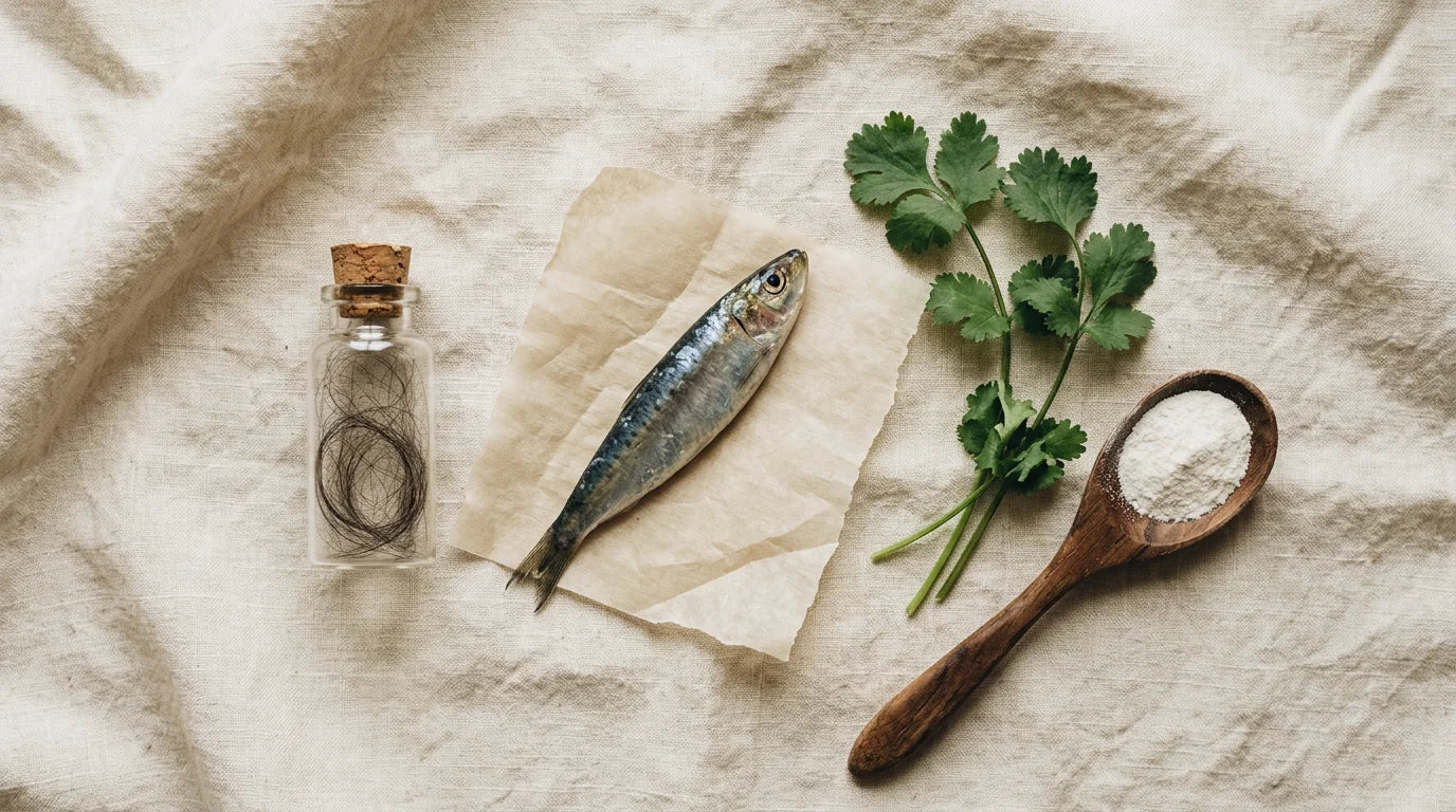Glass vial of hair strands beside a small fish and dark leafy greens on pale linen — mercury toxicity and hair testing