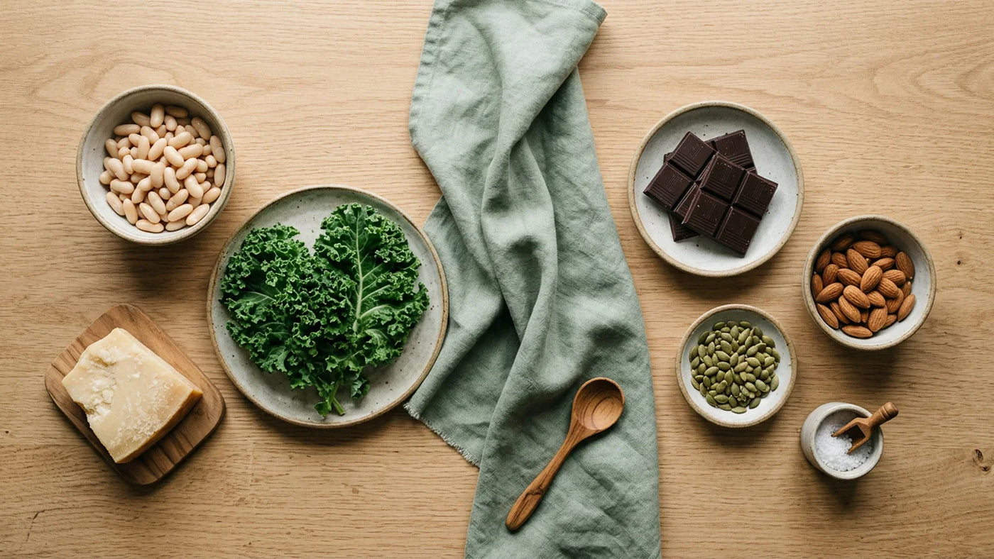 Balanced editorial composition of mineral-rich foods on warm wood — visualizing mineral ratios that hair tests reveal
