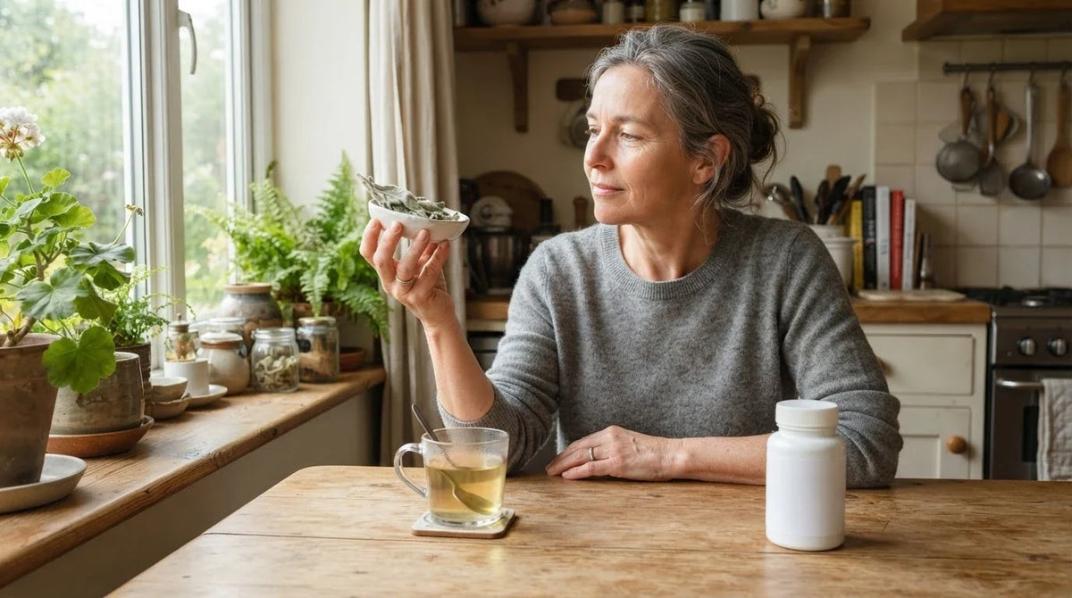 A woman at her kitchen table examining a dish of dried mullein leaf beside a cup of tea