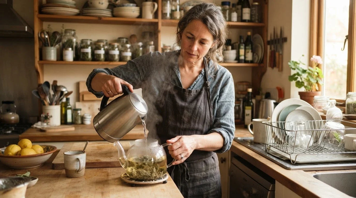 A woman pouring hot water onto dried mullein leaf in a glass teapot
