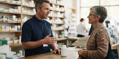 A pharmacist talking with a customer across the counter beside a plain supplement bottle
