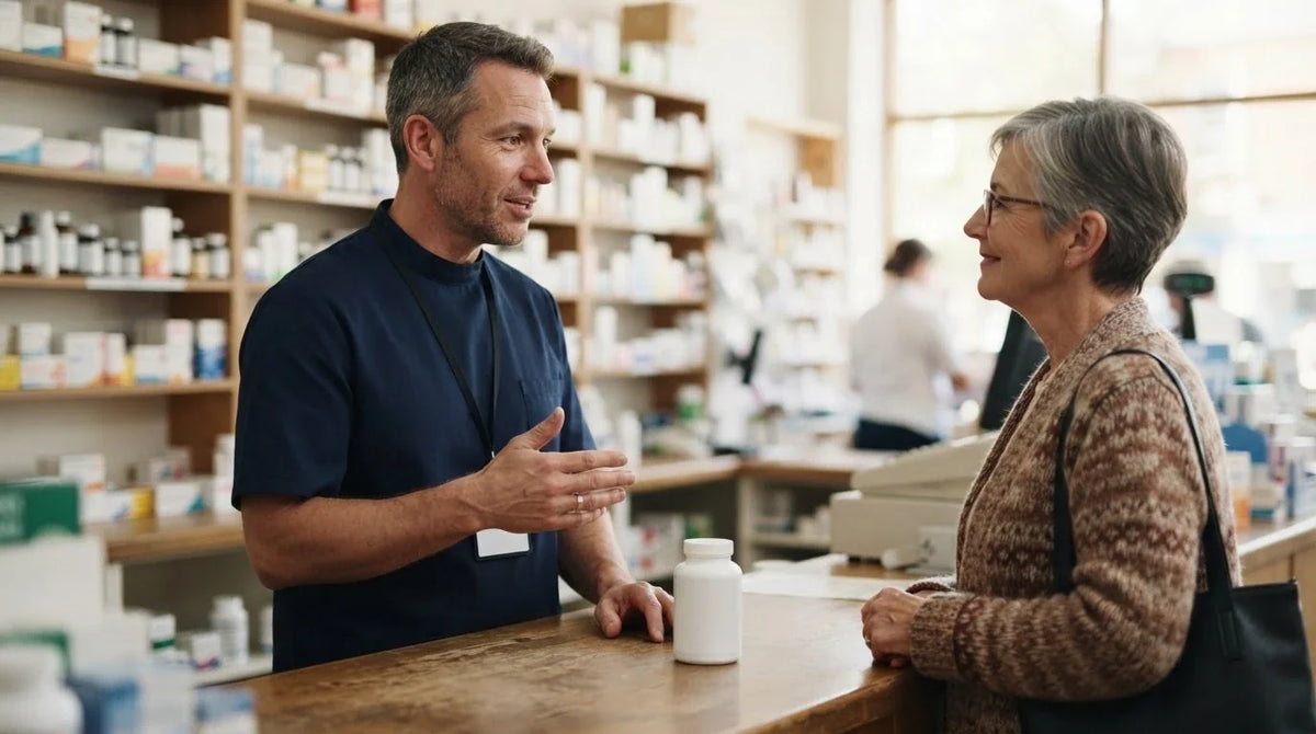 A pharmacist talking with a customer across the counter beside a plain supplement bottle