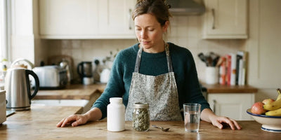 A woman at her kitchen counter with a supplement bottle and a jar of dried mullein leaf