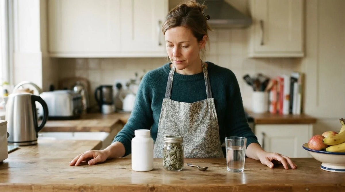 A woman at her kitchen counter with a supplement bottle and a jar of dried mullein leaf