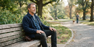 A man sitting on a park bench on a bright morning, breathing easily