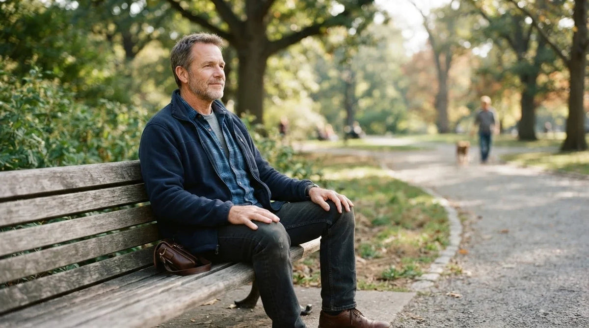 A man sitting on a park bench on a bright morning, breathing easily
